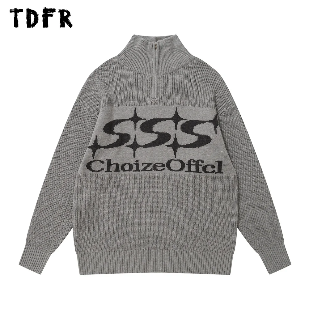

Letter Jacquard Sweater Mens Autumn Winter Casual Streetwear Half Zipper Pullover Knitted Long Sleeve Men