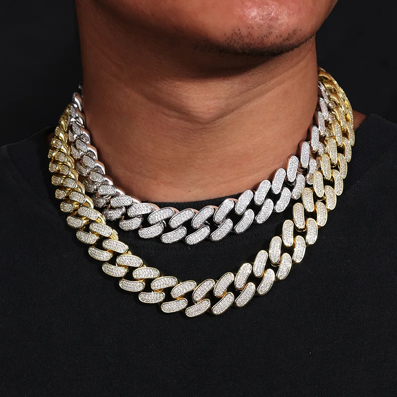 

18mm Big Heavy Hip Hop 3 Rows CZ Stone Paved Bling Iced Out Solid Round Cuban Miami Link Chain Necklaces for Men Rapper Jewelry