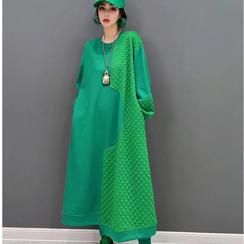 

Women Long Sleeve Round Neck Dress Loose Mid-length Splicing Printing Leisure Dress
