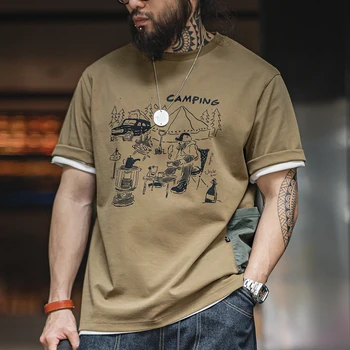Illustrated Men's Printed Camping Design Khaki T-shirt 1
