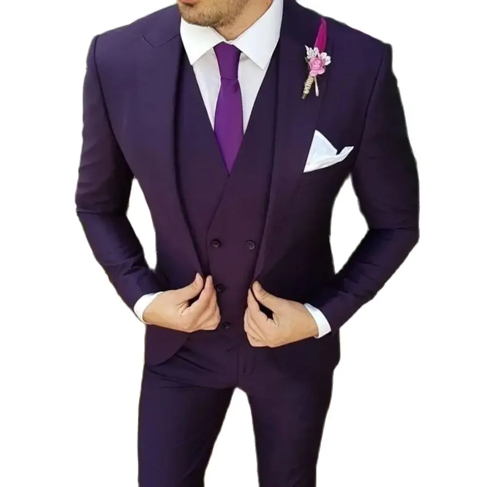 New Purple Men Suit Peak Lapel Single Breasted 3 Piece Jacket Pants Vest Luxury Outfit Blazer Wedding Groom Formal Costume Homme