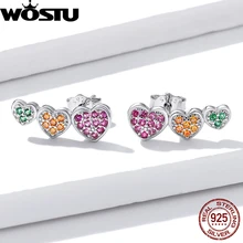 

WOSTU 925 Sterling Silver Rainbow Multi Color Heart Zircon Stud Earrings For Women Valentine Gift s925 Silver Wedding Earrings