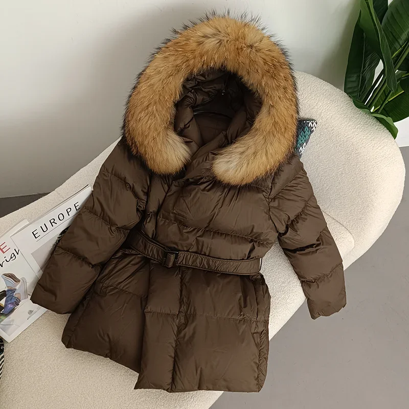 

MENINA BONITA 2023 Real Fox Raccoon Fur Collar Hooded Winter Women White Duck Down Jacket Thick Warm Coat Luxury Loose Outerwear