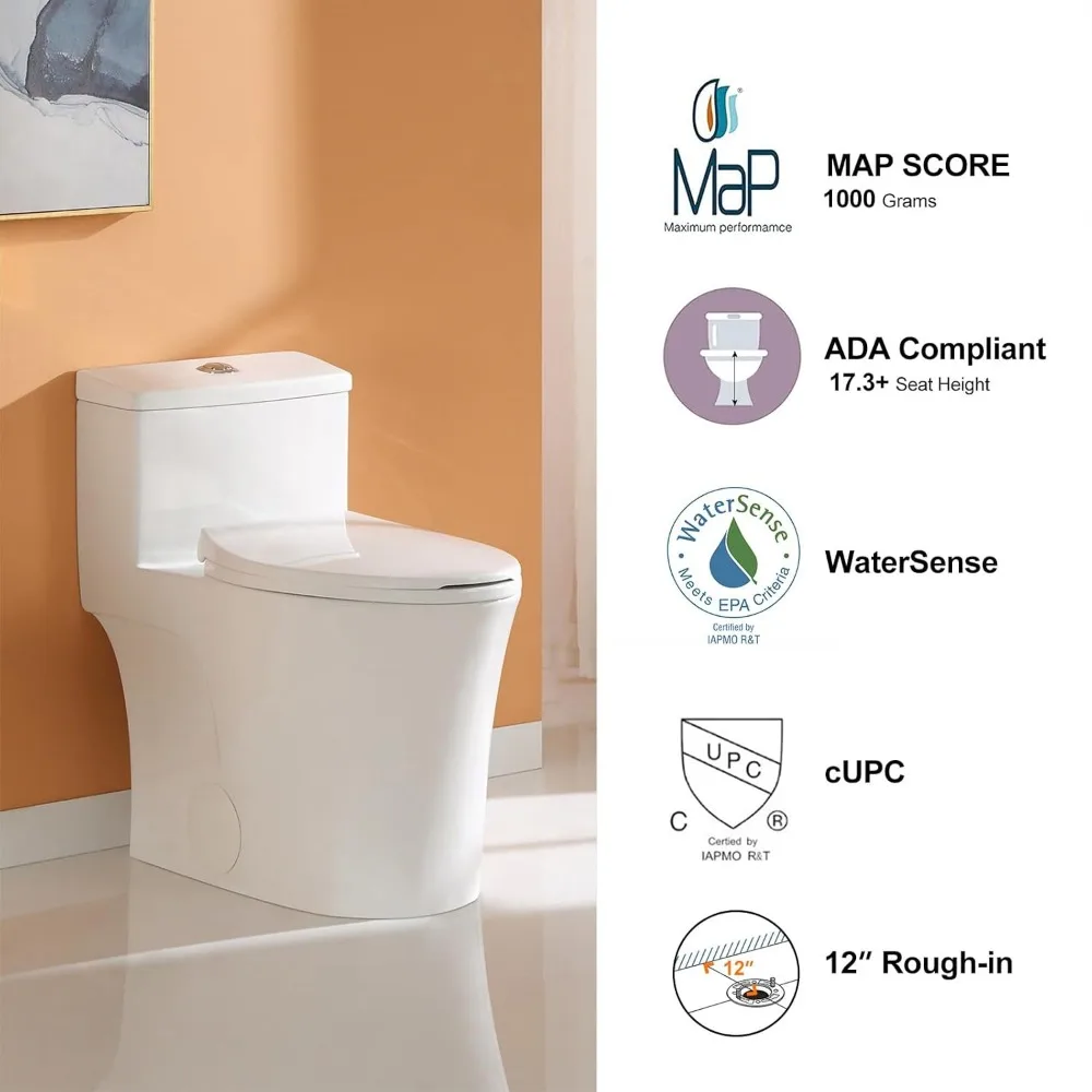 Compact One Piece Toilet with Comfort Chair Seat , Elongated Dual Flush 0.8/1.28 GPF and MAP 1000g, Standard White Toilet Bowl 4