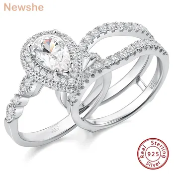 Newshe 2 Pieces 925 Sterling Silver Engagement Ring Enhancer Wedding Band for Women Pear Cut AAAAA Zircon Jewelry Size 4-13 1
