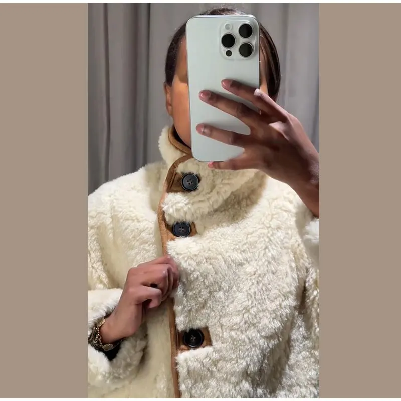 Wende-Lammfelljacke für Damen, Beige, Braun, zweiseitig, Stehkragen, Knopfverschluss, Taschenmantel, 2022, Herbst, Damen-Freizeitkleidung – Detail 26