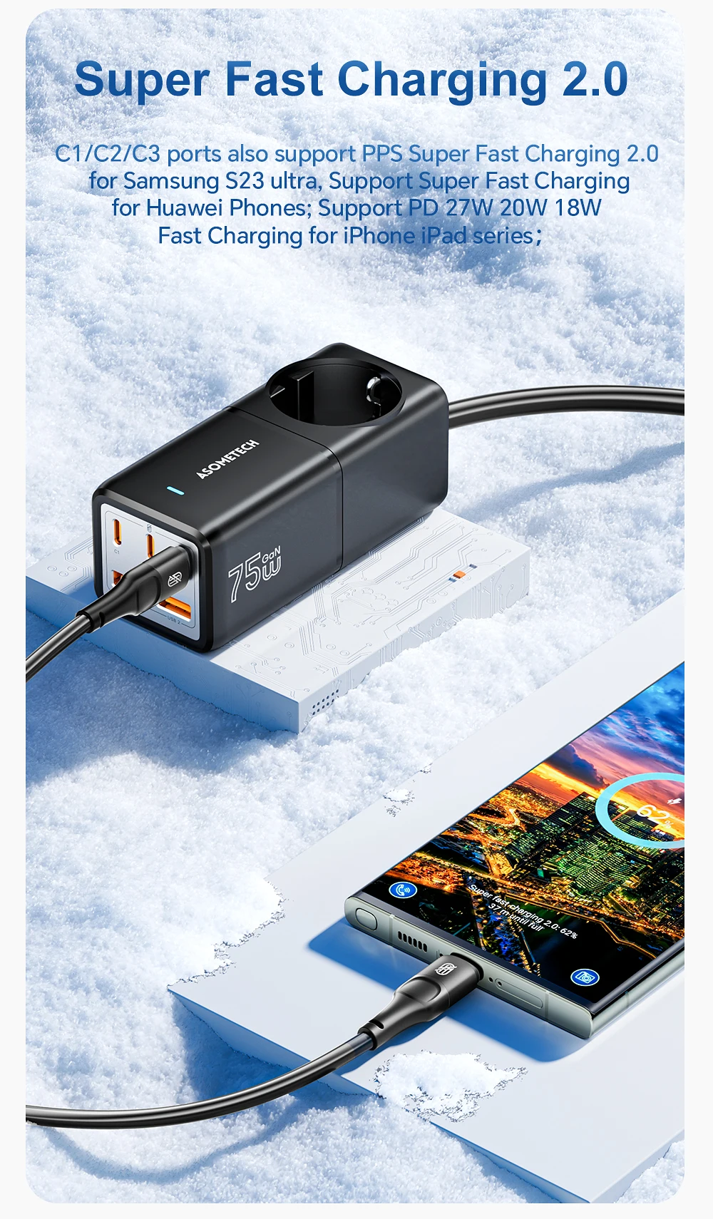 Asome tech 75w gan Desktop-Ladegerät Steckdosen leiste Ladestation 4000w Nennleistung 70w pd Schnell ladegerät für iPhone Samsung Laptop – Detail 6