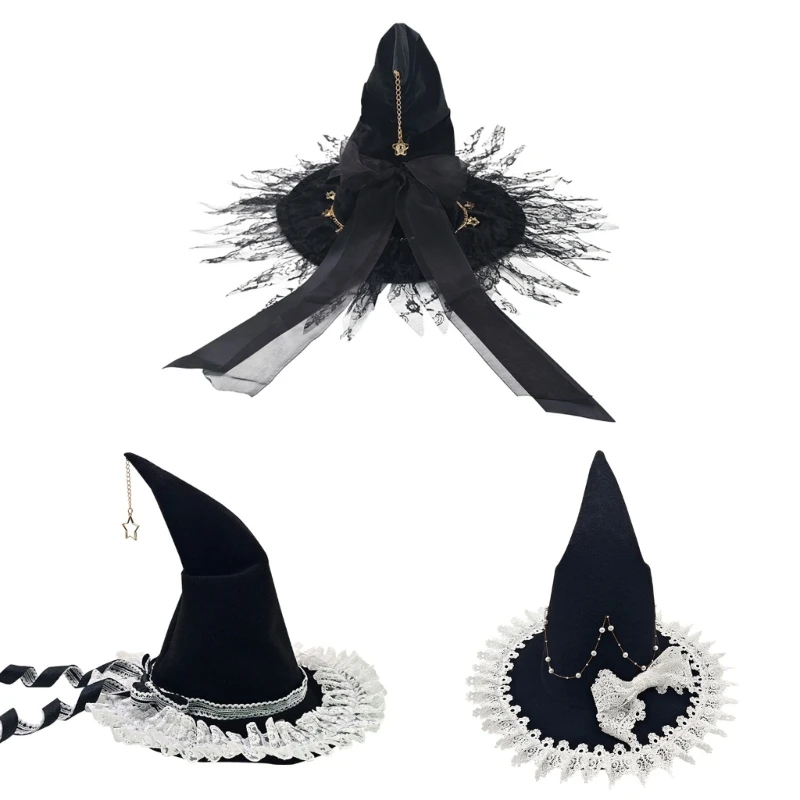 

Trend Pointed Witch Hat Cosplay Teen Wizard Hat with Lace Trim Bowknot Decors
