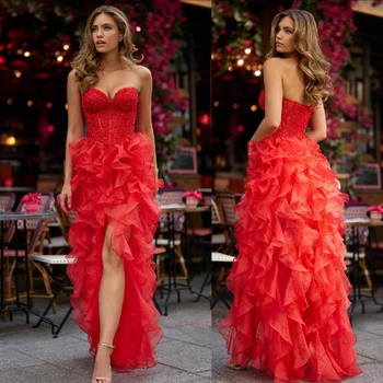 Classic Red Formal Evening Dresses Birthday Party Prom Gowns Customized Sweetheart Beading Tiered Straight