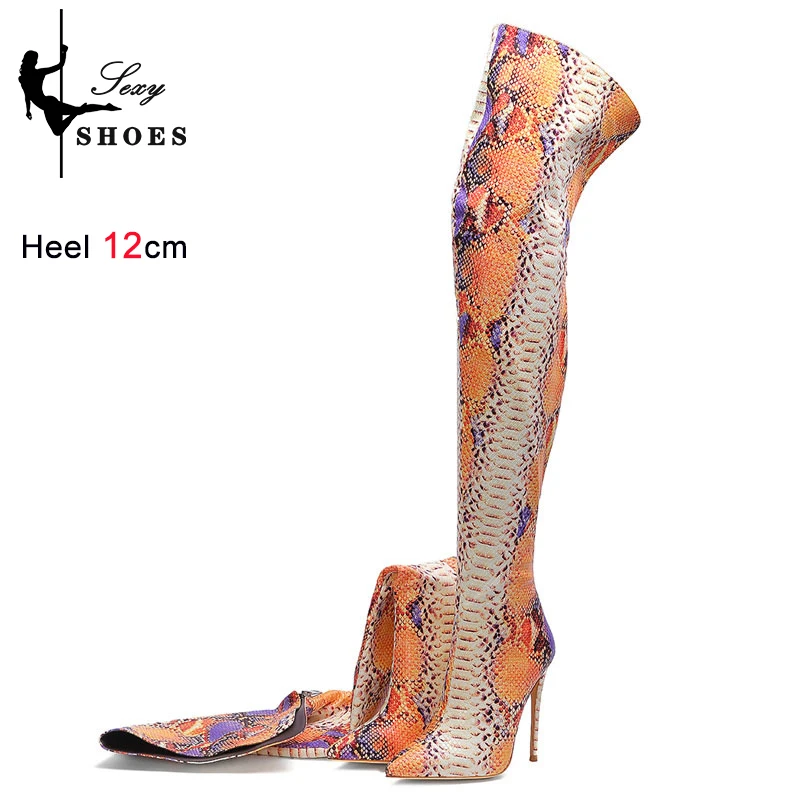 New Women's Over-the-knee Boots Super High Heeled 10cm 12cm Tall Thigh High Boots Snakeskin Pointed Handmade Shoes Large Size 45