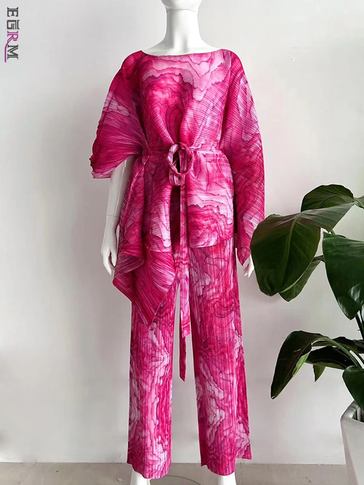 

Женский плиссированный костюм EGRM Miyake, комплект из двух предметов: топ с длинными рукавами и поясом с присборенной талией и прямые брюки, 3GR6819, 2023