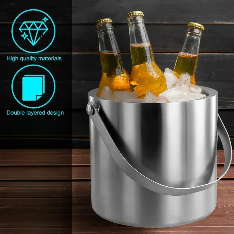 Stainless Steel Ice Bucket with Lid Strainer Tong Double Walled Insulated Ice Bucket Container Cooler Good Sealing 2.0L/3.0L