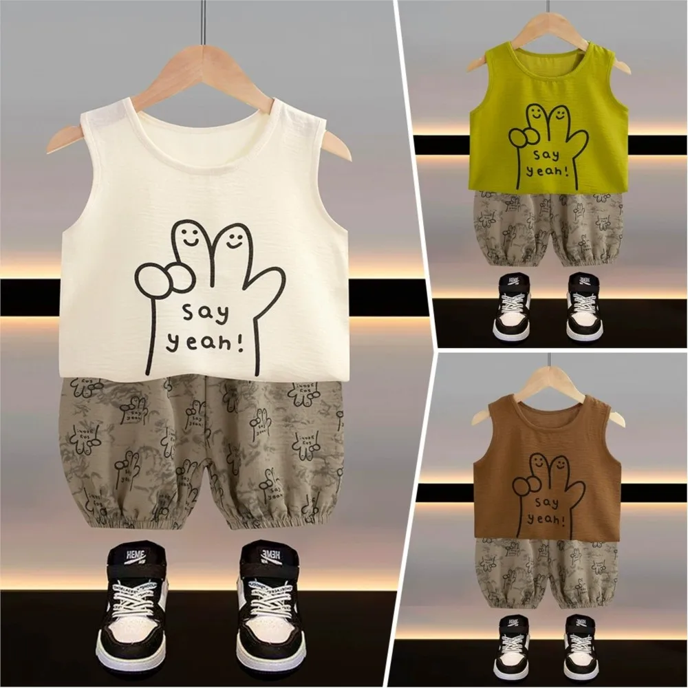 Kids "Say Yeah" Cartoon Hand Print Tank Top Shorts Set Toddler Boys Summer Outfit Sleeveless Vest with Pants Children's Clothing