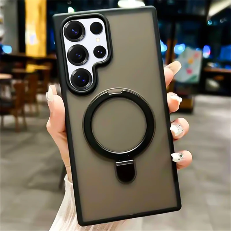 Luxury Matte Translucent Phone Case with Magnetic Metal Ring Bracket Cover