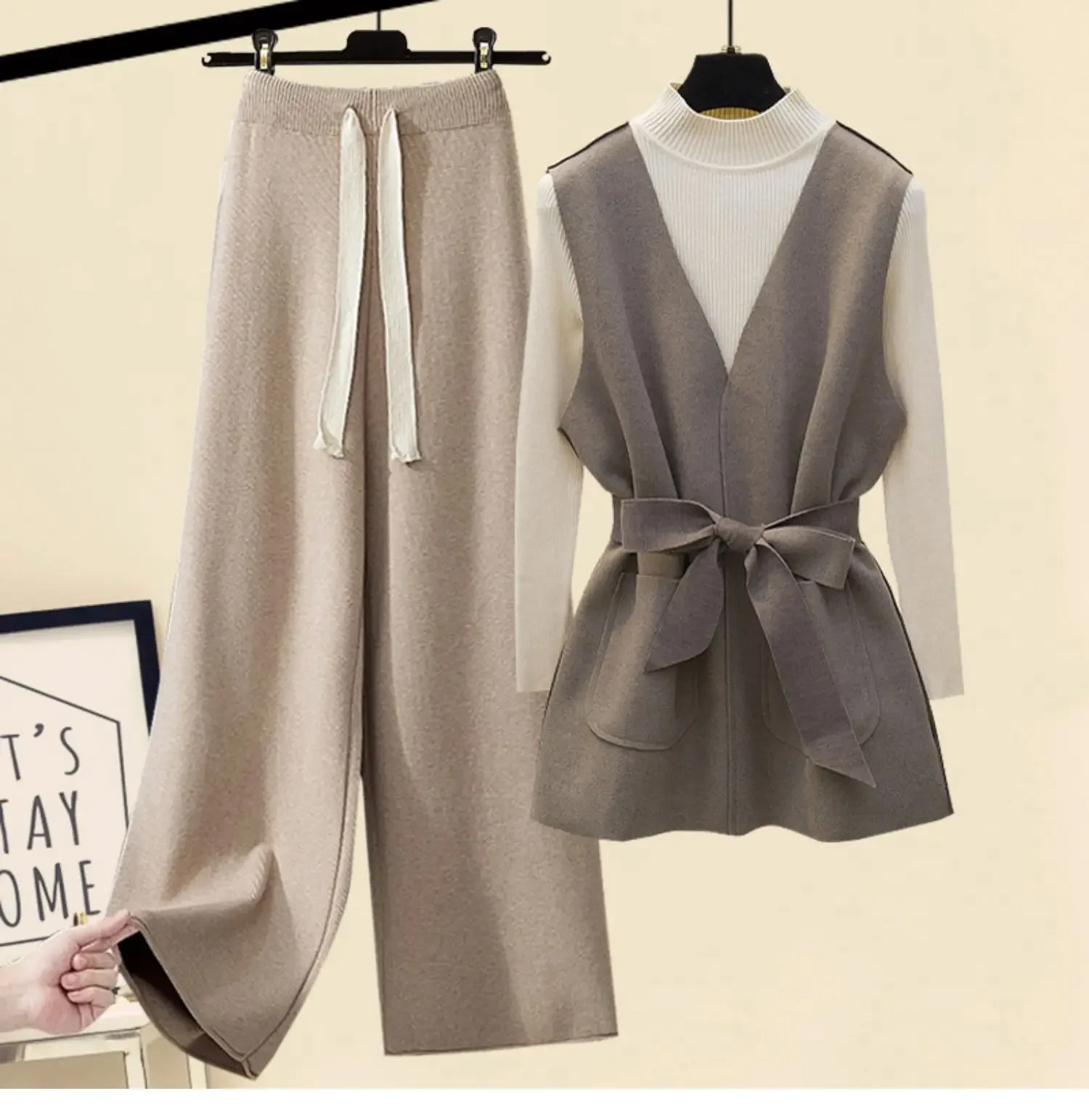 

Autumn and Winter Three Piece Women's Age Reducing Professional Leisure Set Sweaters, Knitwear, Woolen Vest, Wide Leg Pants Set