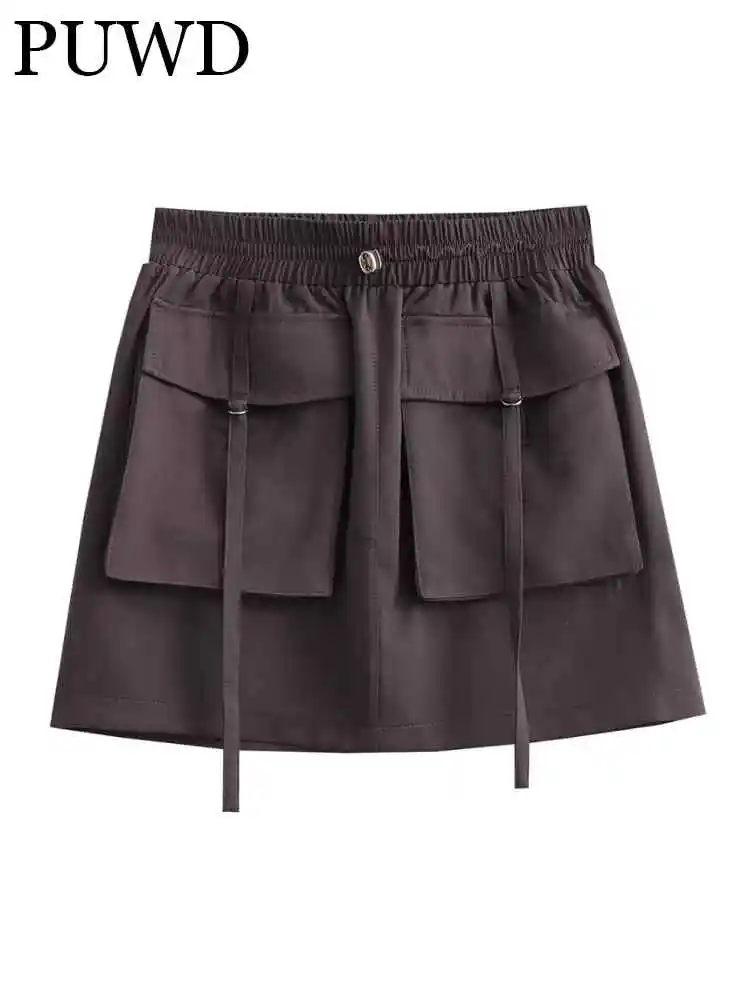 

PUWD Women Fashion Pocket Decoration Short Skirts 2023 Spring Vintage Elastic Waist Drawstring Female Skirts Mujer