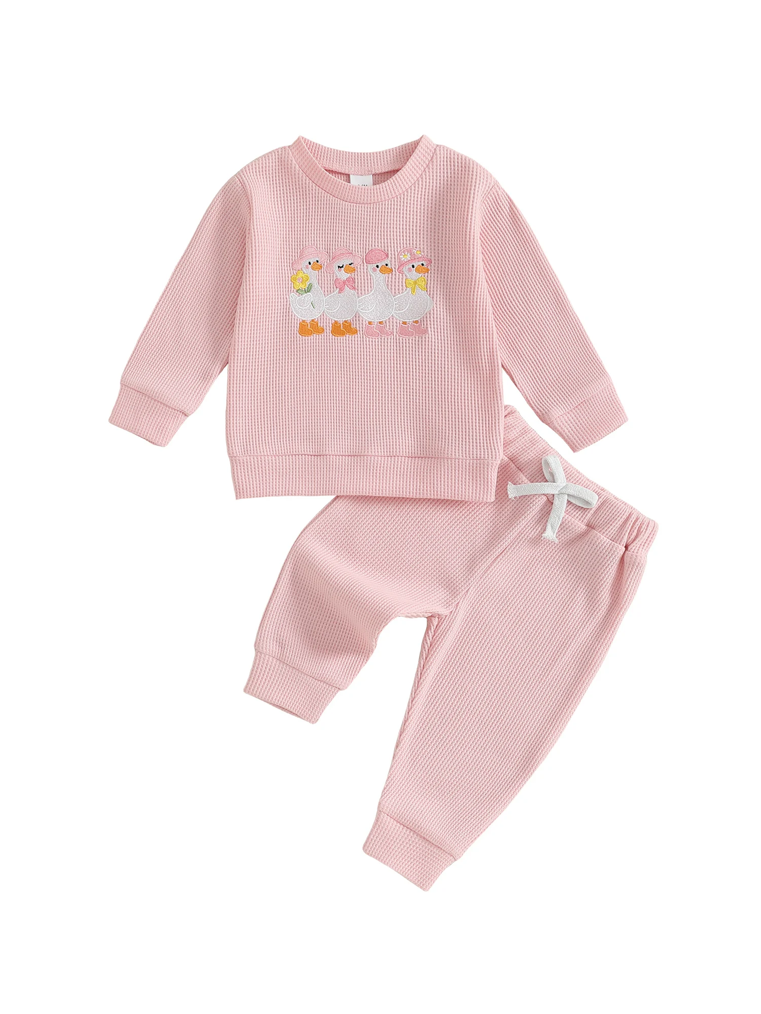 Toddler Girl Fall Outfits Waffled Goose Embroidery Long Sleeve Round Neck Pullover Elastic Waist Solid Pants 2 Pcs Set