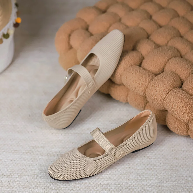 2024 Leisure Weaving Flats Women Ankle Strap Pearl Mary Stretch Fabric Ballerina  Knitting Moccasins  Mesh Ballet Solid Color