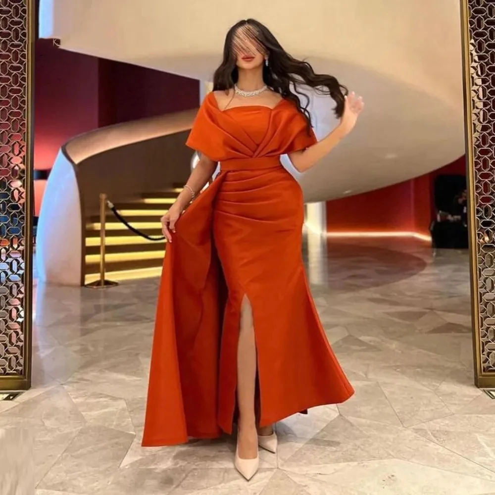 

2023 Orange Satin Off the Shoulder Evening Dress Saudi Arabia Women Mermaid Night Prom Gown Split Formal Occasion Party Dresses