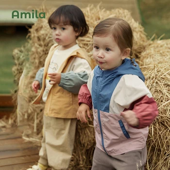 Amila-아기 재킷, 2023 봄 새로운 패션 패치 워크 캐주얼 후드 아웃웨어, 유아 여아 소년 귀여운 브랜드 아동복
