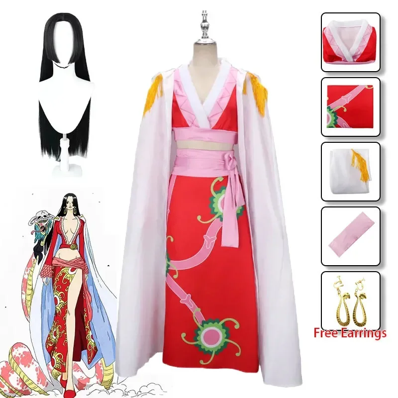 

Anime Boa Hancock Cosplay Costumes Sexy Empire Red Kimono Dress Uniform Boa Hancock Wig Earrings Halloween Costumes for Women