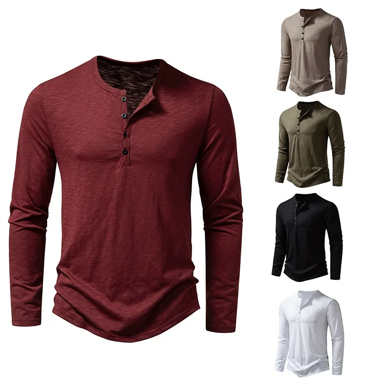 

2024 Spring New Men Slub Cotton T-Shirts Henley Collar Solid Color Tees Long Sleeve T-Shirt Fashion Thin Casual Large Size Tops