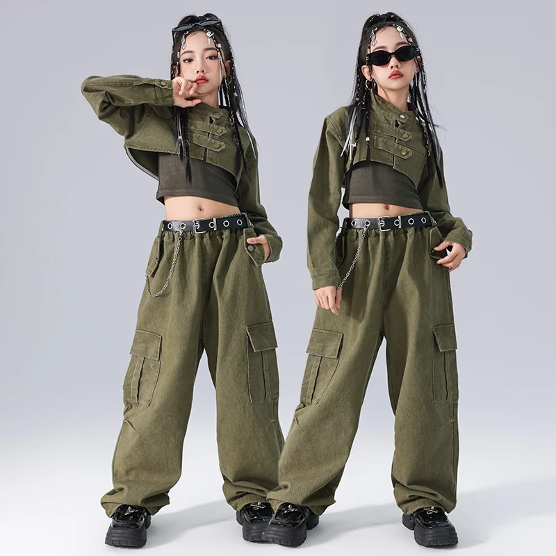 Hip Hop Girls Clothes Jazz Dance Navel Tops Long Sleeves Loose Pants Street Dance Costume Group Performance Suit BL14038
