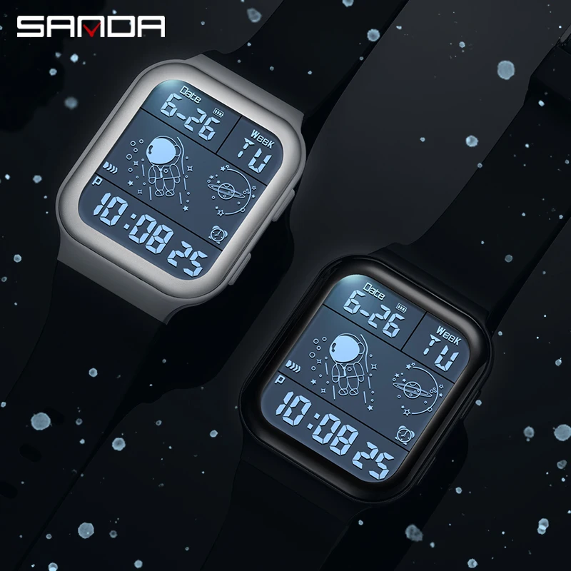 Sanda 6052 LED Display Digital Watch Square Astronaut Design Men's Women's Fashion Trend Youth Electronic Timepiece for Students 4