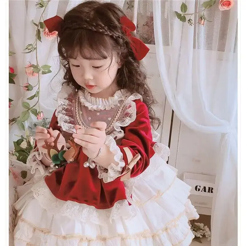 Winter Thicker Lolita Dress Girls Kids Infants New Year Dress Long Sleeve Red Cute Lolita Doll Teen For Girls 14T