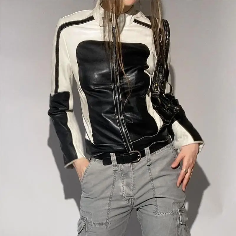 

Women's Leather Clothes 2023 New Personality Street Motorcycle Punk Style Handsome Match Color Zipper PU Leather Jacket Tide
