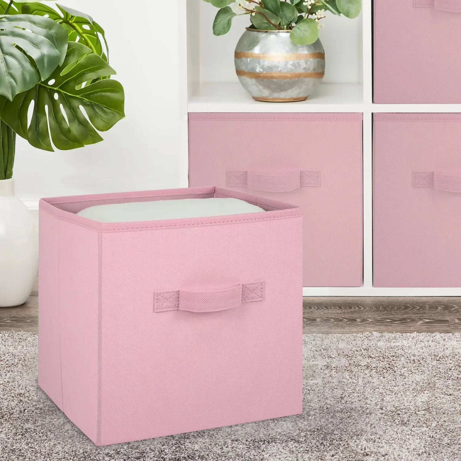 Collapsible Cube Fabric Storage Bins (10.5" x 10.5"), 6 Pack, Pink Puff 2