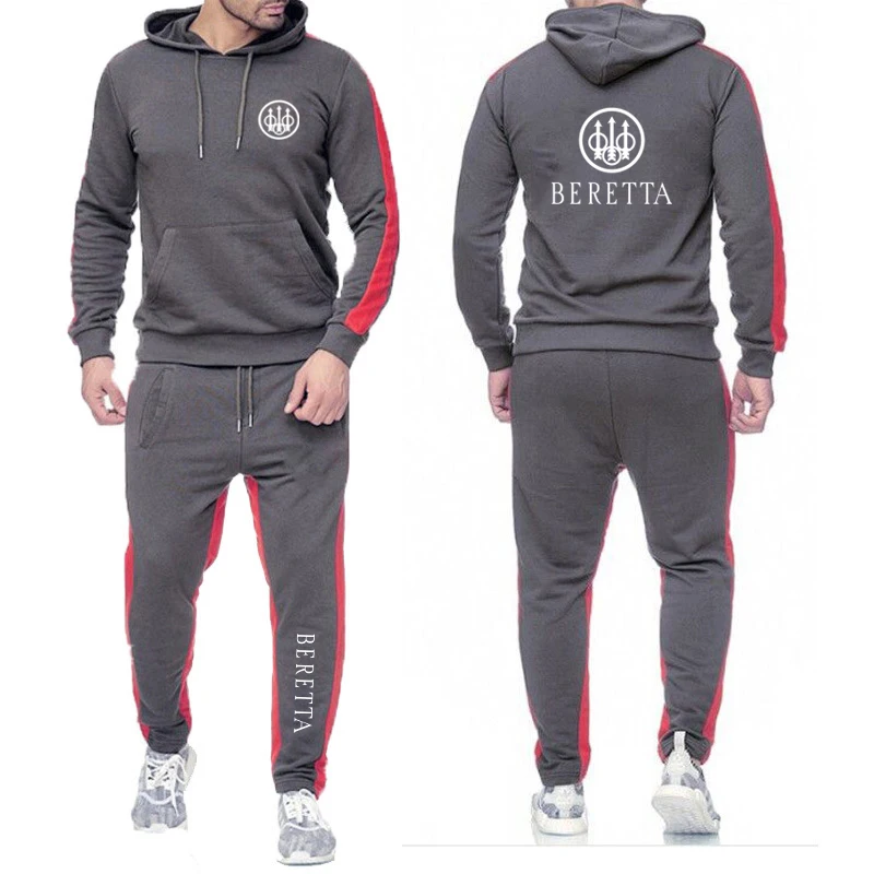 

2024 new men's Bei Leita gun spring and autumn solid color print hooded suit casual fashion sportswear hooded sportswear suit.