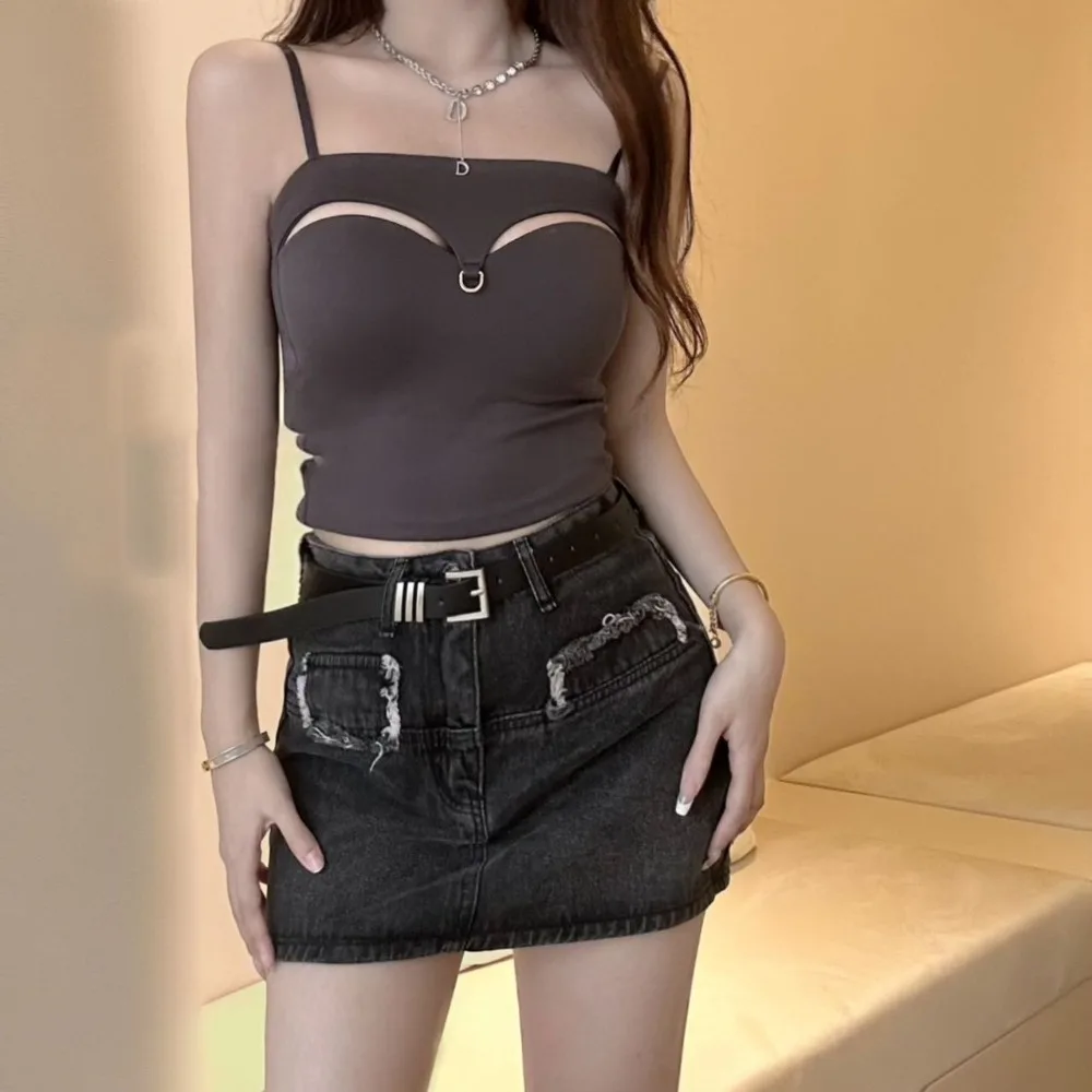 

With Chest Pad Sexy Warm Strap Tank Top Cotton Inner Layering Sling Vest Solid Color Breathable Sleeveless Crop Top Daily Wear
