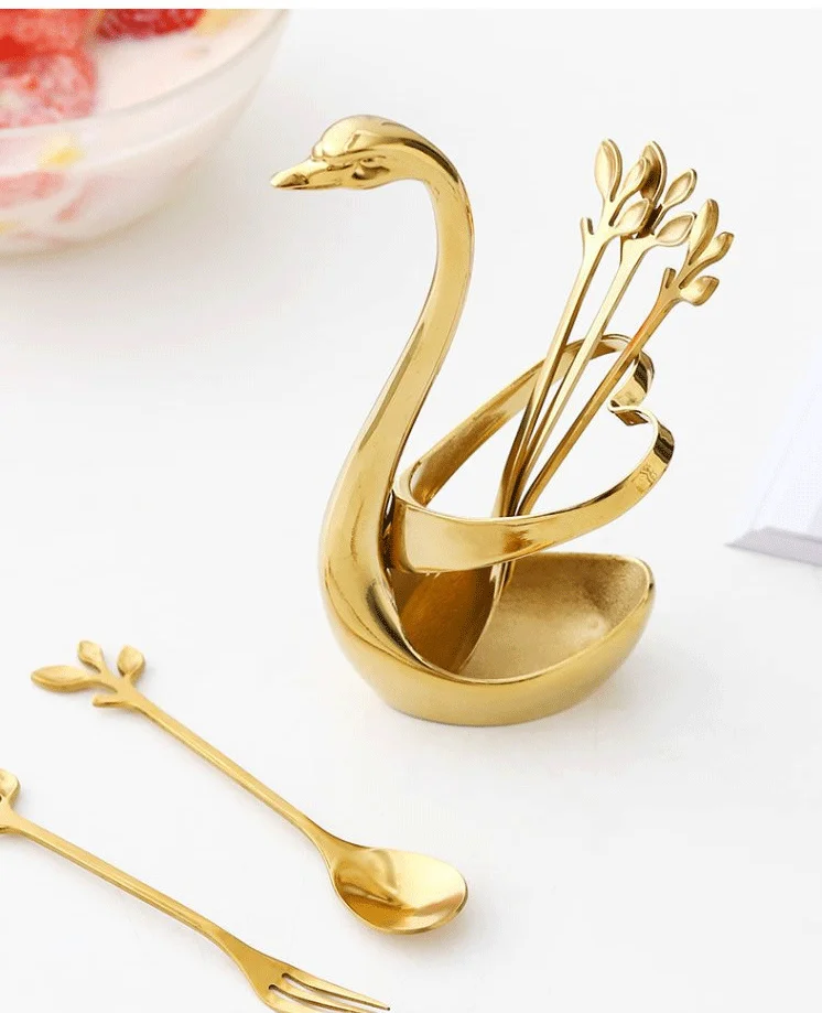 Golden Swan Cutlery Set - Elegant Stainless Steel Spoon & Fork With Swan Base | Dessert Coffee Tea Utensils