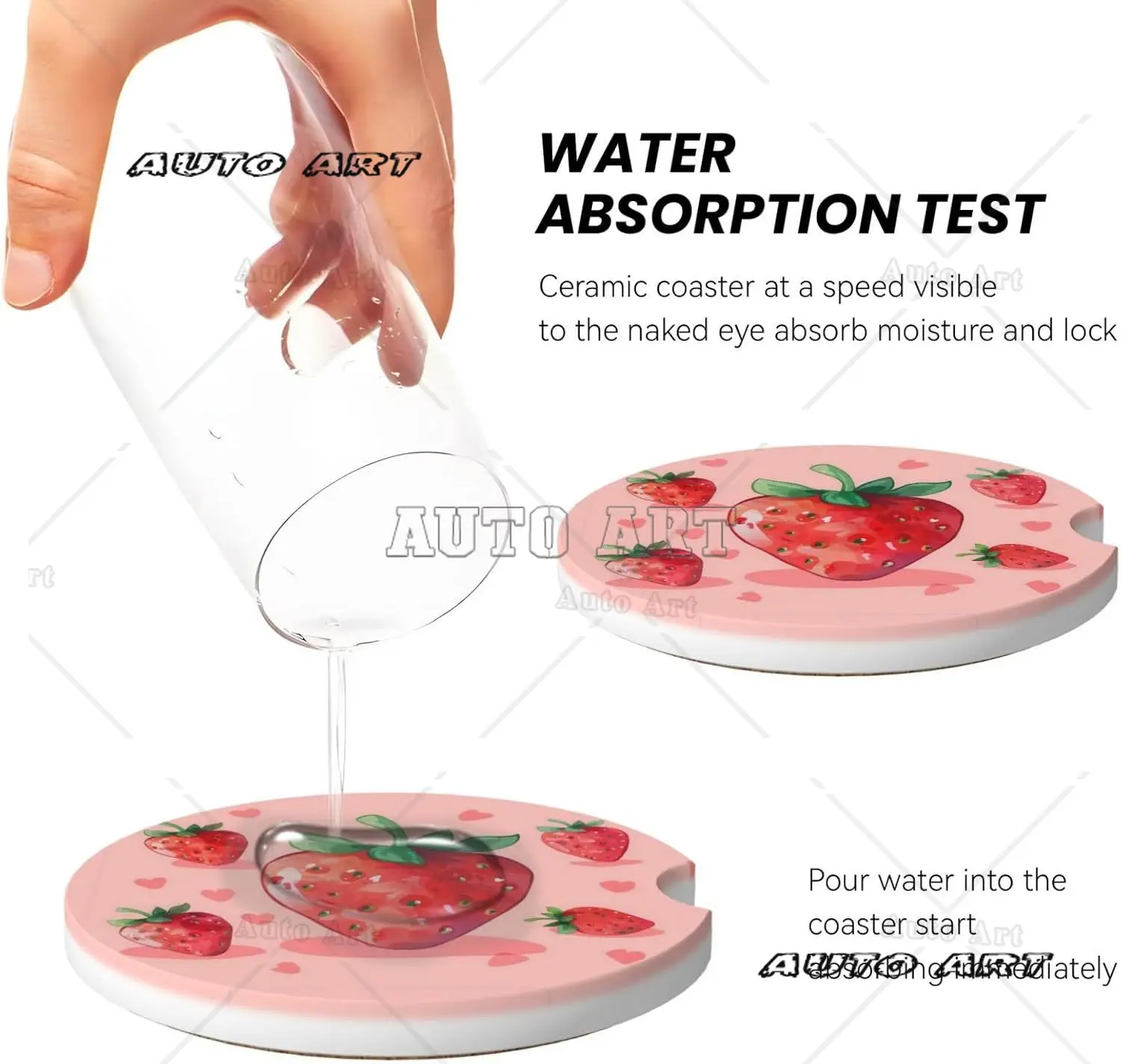 2 Pack Strawberry Cute Red Print Car Cup Holder Coaster Anti Slip Insert Ceramic Coaster with Cork Base and Finger Notch