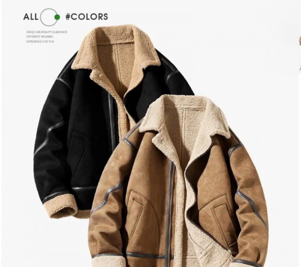 Autumn Winter Thick Suede Leather Fleece Jacket Men Windproof High Quality Warm Outwear Turn-Down Collar Patchwork Casual Coat
