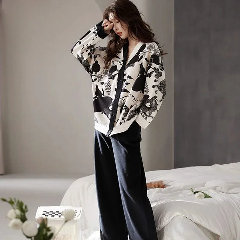

Весенние и осенние модели элегантных женских пижам, кардиган с длинными рукавами, длинные брюки, одежда для сна, хлопковая качественная Домашняя одежда с принтом