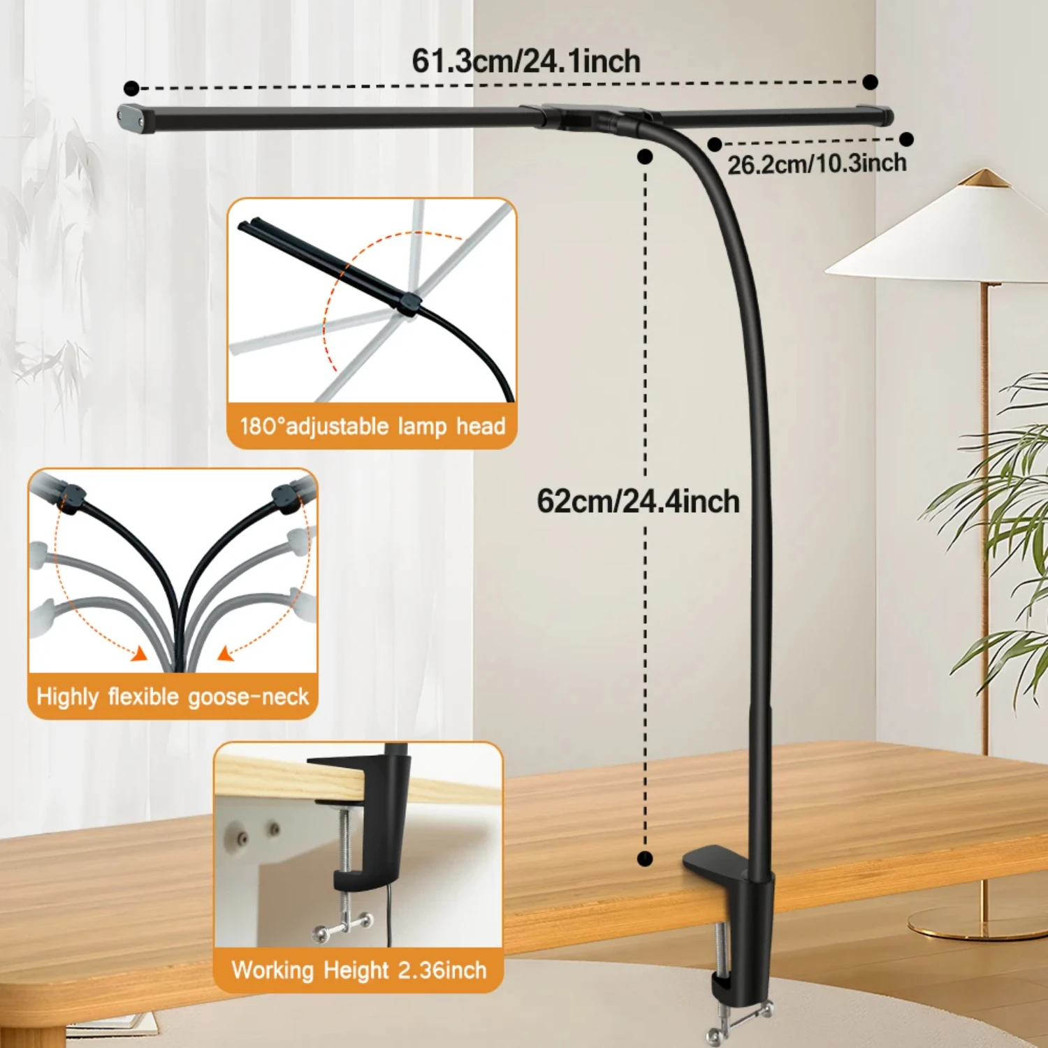 Double LED Desk Lamp Dimmable USB Reading Light Eye Protection Office 4