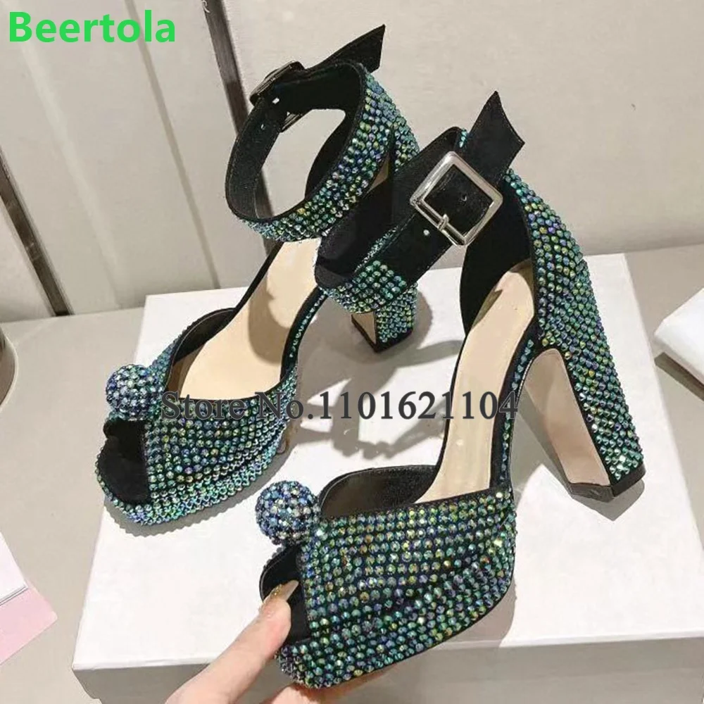 

Square Heel Crystal Peep Toe Luxury Sandals For Female Women 2023 New Arrivals Fashion Elegant Shallow Ankle Strap Party Shoes