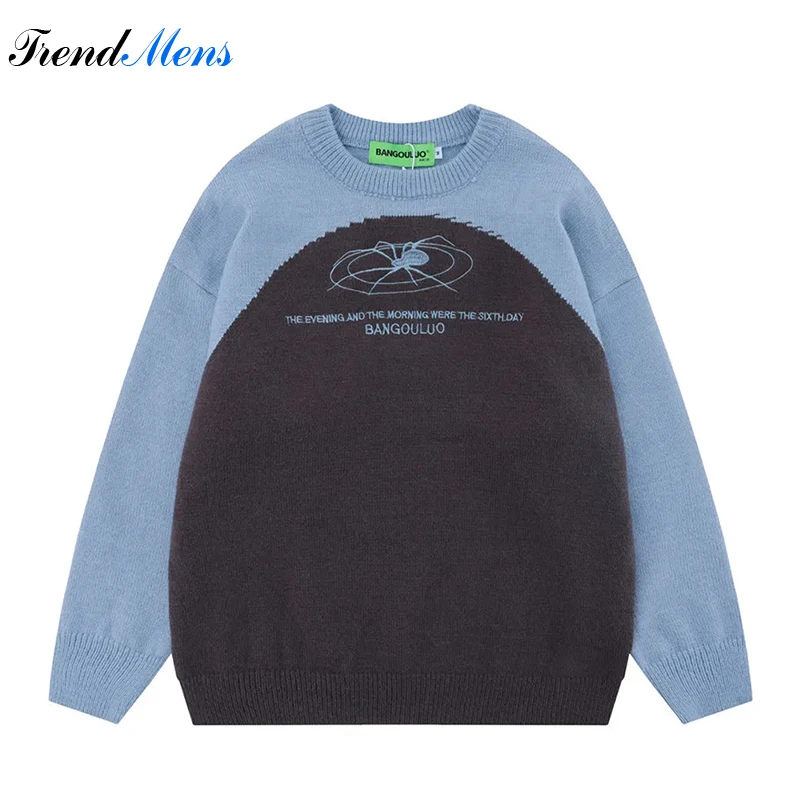 

Свитер мужской в стиле пэчворк, трикотажный Повседневный Свободный пуловер контрастных цветов, с вышивкой паука, в стиле хип-хоп, уличная мода