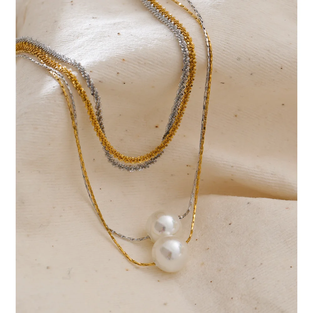 Yhpup Stainless Steel Double-Layer Simulated Pearls Pendant Necklace