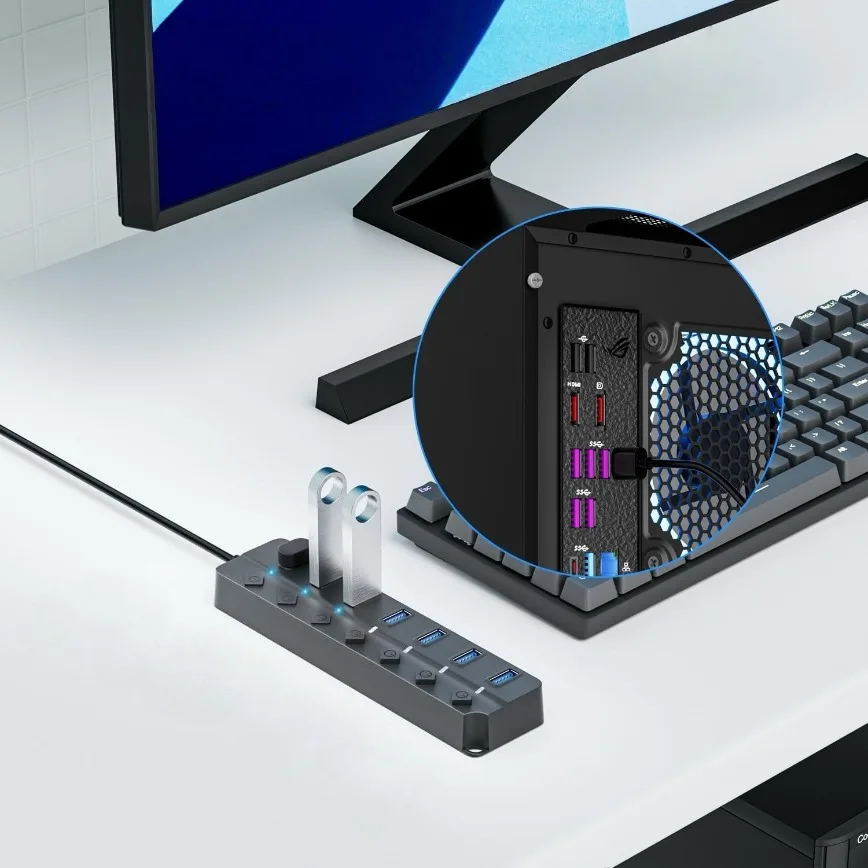 7포트 USB 허브 3.0 USB 허브 확장기 분배기, 개별 온/오프 스위치 및 조명 포함, 맥북 노트북 PC 플래시 드라이브 모바일 HDD용