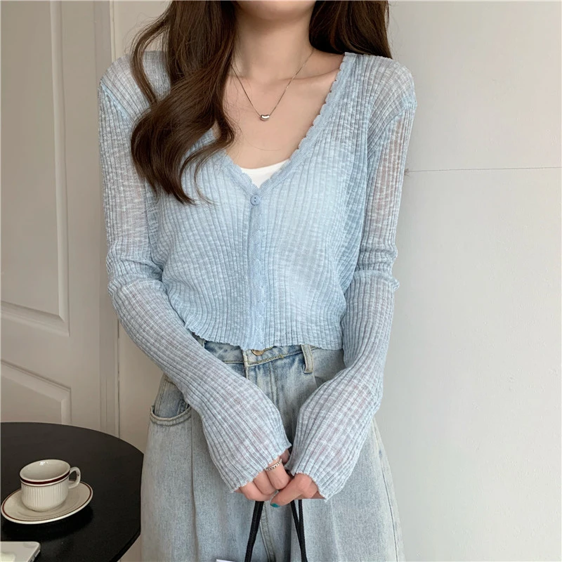Sheer Ribbed Knit Cardigan with One Button Long Sleeve Crop Top Women Teen-girl Spring Summer 2026 Shrunken Cardigan 3