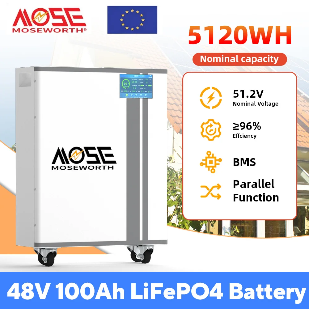 MOSEWORTH 48V 100Ah LiFePO4 Lithium Battery Wall Mounted Battery with 100A BMS 8000+ Cycles Rechargeable Battery Energy Storage