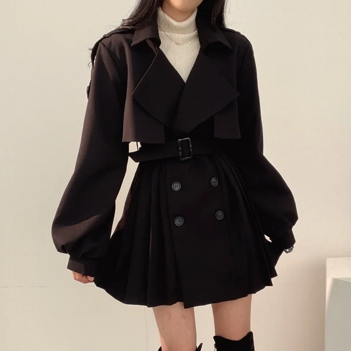 [EWQ] Korean Chic Black Lapel Double Breasted Lace Up Waist Lantern Sleeve Pleated Windbreaker Coat Female Fashion 2022 16E4792 best winter jackets