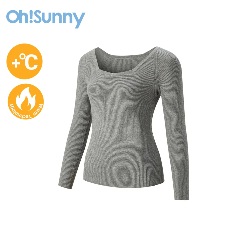 OhSunny Women Thermal Underwear Tops Ladies Winter Warm Sweater Viscose Nylon Wool Slim Solid Retro Square Collar Long Sleeve