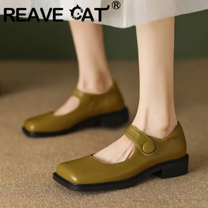 

REAVE CAT 2023 Women Flats Square Toe Hook&Loop Shallow Mary Jane Soft Shoes For Ladies Solid Elegant Daily Plus Size 41 42 43