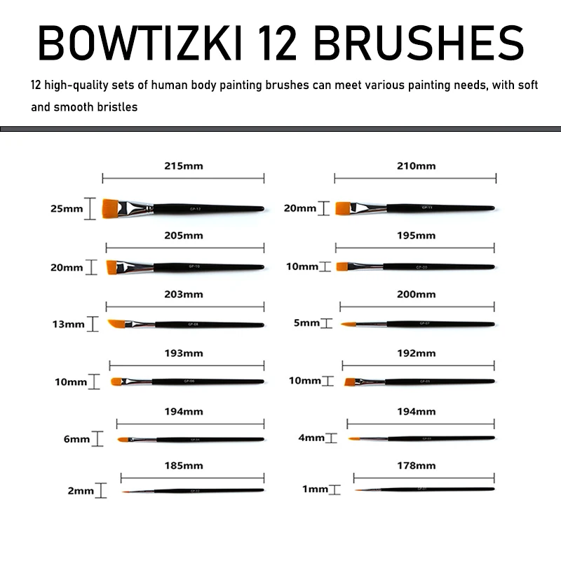 Bowitzki 12pcs Artist Brush Set for Facial paint Acrylic Oil Watercolor Gouache Painting Face Body Paint Brush with Package 2