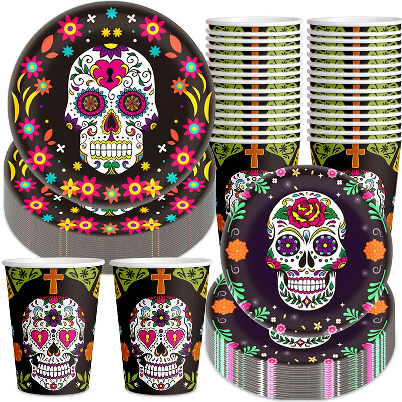 10pcs Mexican Day of the Dead Party Supplies Christmas Disposable Paper Plates Cups Death Day Halloween X-mas Party Decorations
