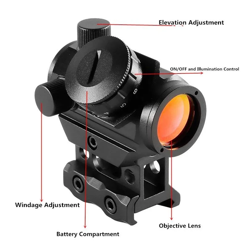 Tactical 1x20 Red Dot Sight 4 MOA Small Rifle Scope with 1 Inch Riser Mount Airsoft Hunting Accessory Wargame Outdoor Sports